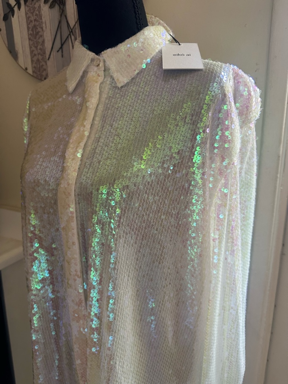Iridescent Sequin Button-Down Shirt with Collar - Picture 2 of 5